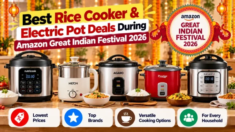 Best Rice Cooker and Electric Pot Deals During Amazon Great Indian Festival 2026 featuring Nutricook, Milton, AGARO, Prestige and Instant Pot.